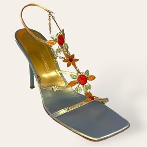 Giuseppe Zanotti Iridescent Blue & Gold Floral Crystal Strap Sandals Heels - 7.5